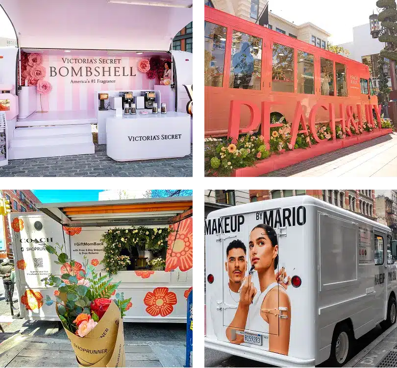 A collage of four photos shows branded promotional vehicles: a Victoria’s Secret Bombshell truck, a large red Peach display, a Coach truck with a bouquet of flowers, and a Makeup by Mario van with models pictured on the side.