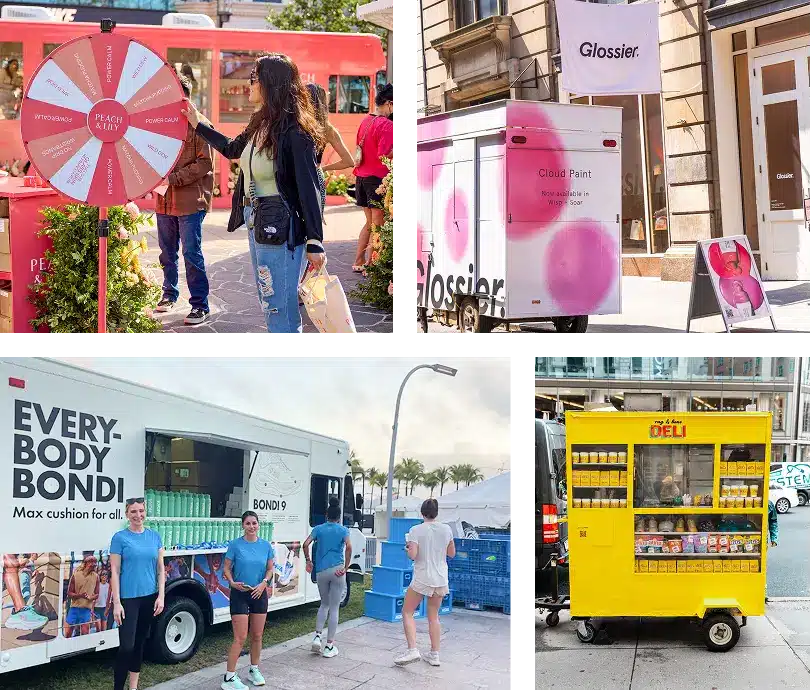 A collage of four images shows branded pop-up trucks and carts: a Glossier truck, a beauty product prize wheel, a Bondi sunscreen truck, and a bright yellow deli cart on a city street.