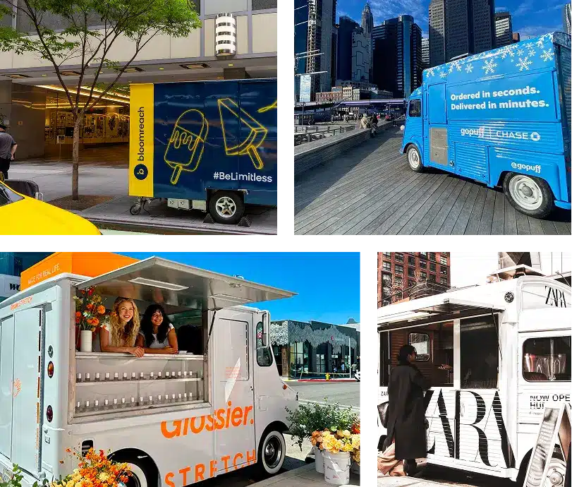 Four colorful branded food trucks are parked in different urban settings, each decorated with large logos and designs for companies including Bloomreach, GoPuff, Glossier, and Zara. Some trucks have people inside serving customers.