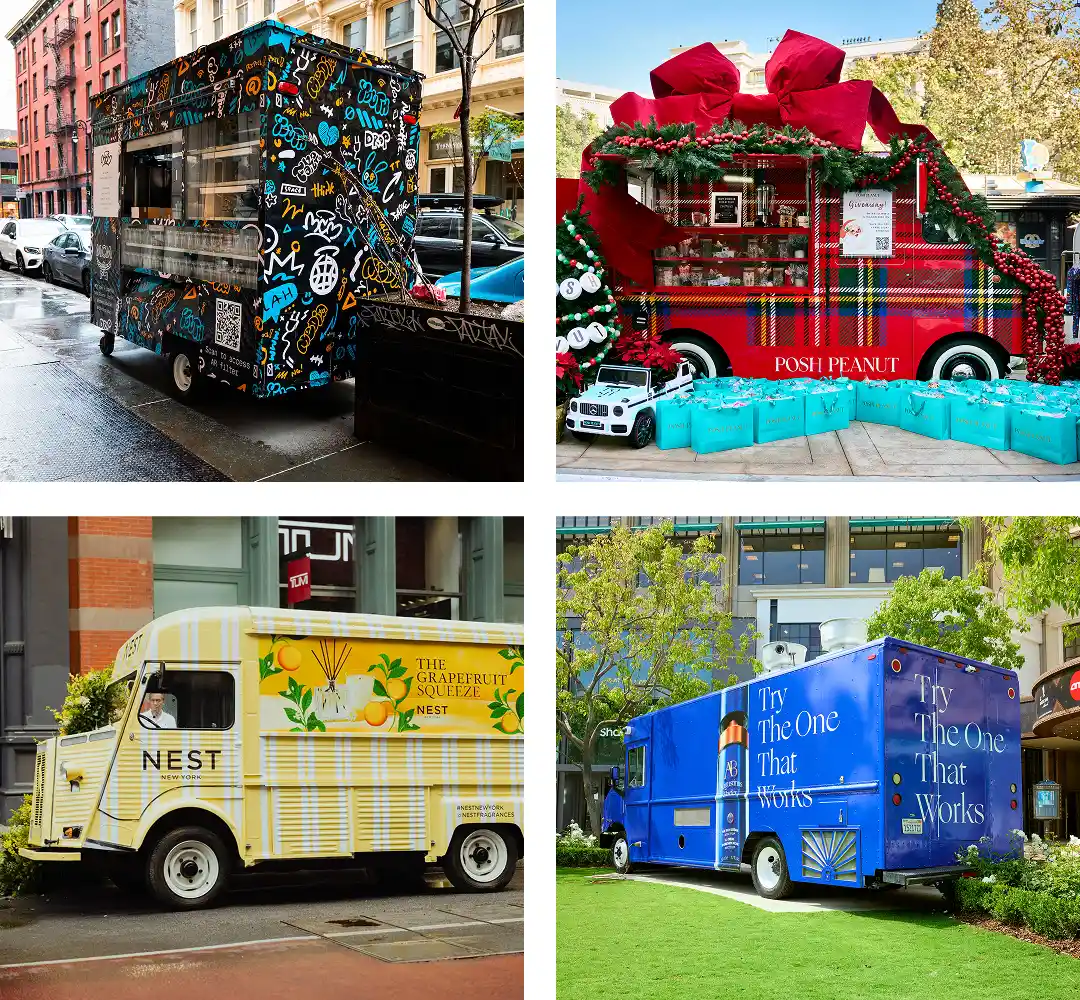 A collage of four colorful food trucks: one with blue and black graffiti art, one red plaid truck decorated with giant gift bows, one yellow with floral designs, and one blue with white text, all parked in different urban settings.