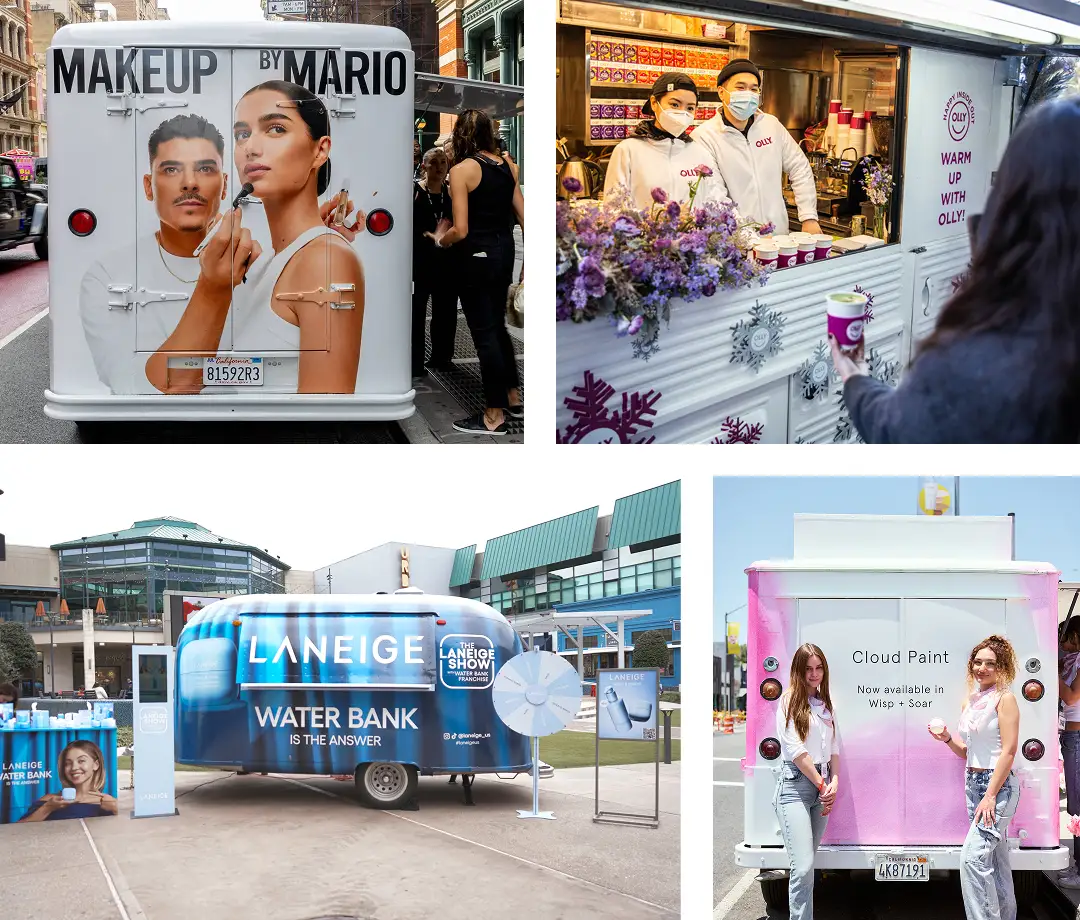 Collage of four branded promotional trucks: “Makeup by Mario,” “Oatly” with staff serving drinks, “Laneige Water Bank,” and “Cloud Paint” with two women standing by a pink-and-white truck.