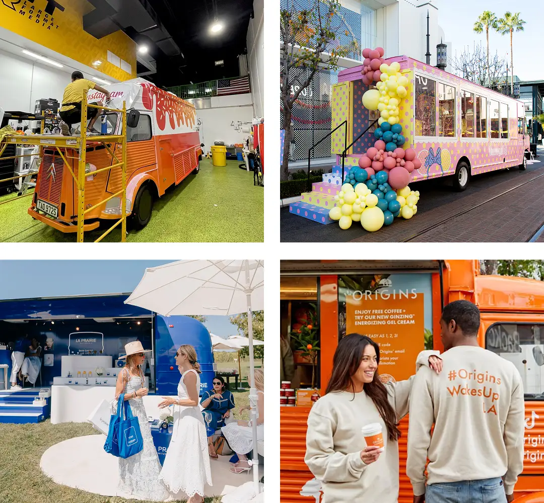 A collage of four images shows colorful branded trucks and people at outdoor events, featuring vibrant decor, balloons, giveaways, and attendees enjoying coffee and ice cream while interacting with the trucks.