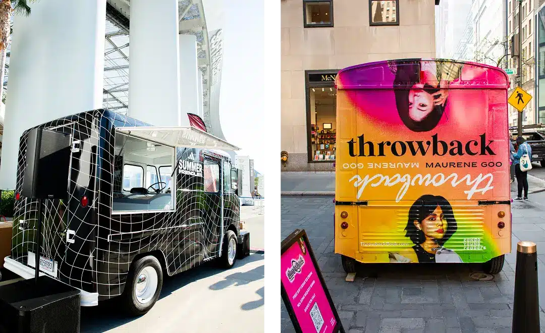Split image of two food trucks: one black with white grid lines parked outdoors under a structure, and one bright pink and yellow with "throwback" text and portraits, parked on a city street.