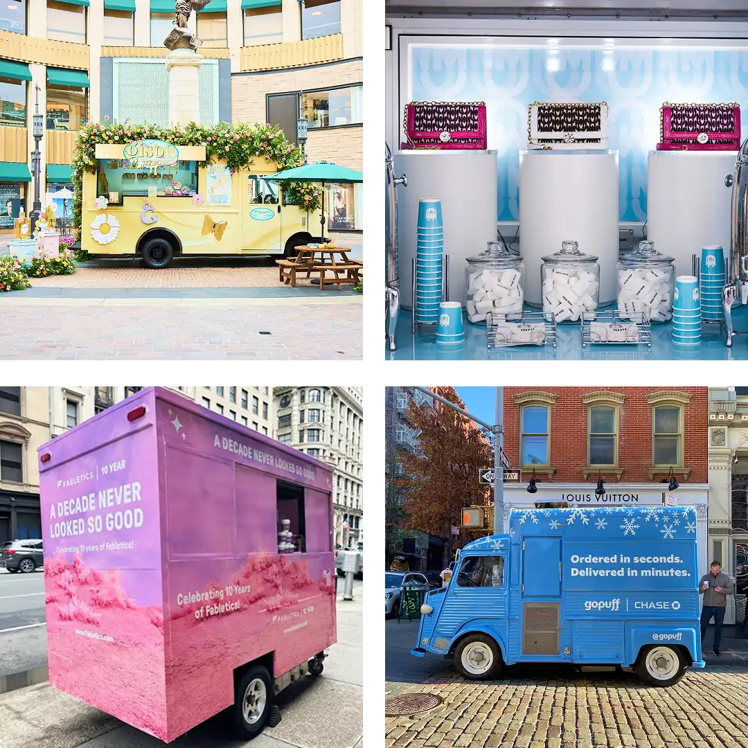 A collage of four colorful food trucks: a yellow floral truck, a blue ice cream setup, a pink truck with anniversary text, and a blue delivery van, all parked on city streets with different backgrounds.