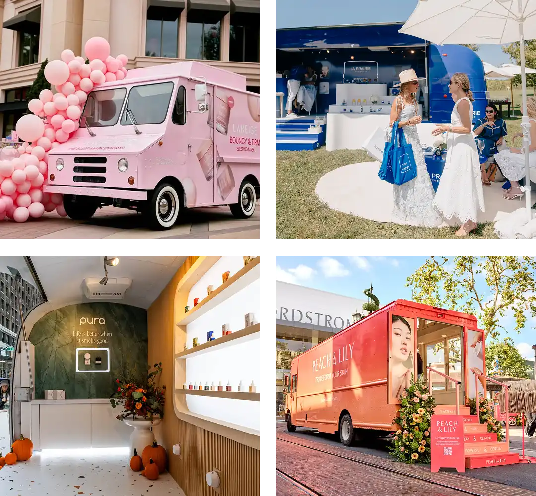 A collage of four photos shows colorful pop-up trucks and stands: a pink truck with balloons, a white tent at an outdoor event, a minimalist indoor booth with shelves, and an orange truck decorated with a large face graphic.