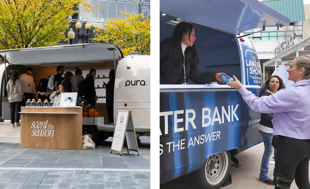 Split image: Left side shows people visiting a scent-themed mobile display called "scent the season" with products on shelves; right side shows a woman receiving water from a mobile water bank truck.