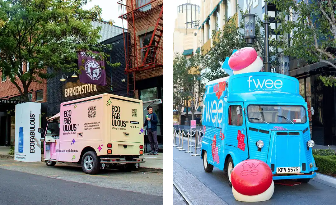Split image: Left side shows a pastel van with “ECOFABULOUS” branding parked outside a Birkenstock store. Right side shows a bright blue Fwee truck with playful lips and cosmetics decor in an urban shopping area.
