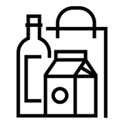 Black and white line drawing of a grocery bag with a bottle and carton in front, representing grocery shopping or food packaging—ideal for use in promotional vehicles marketing.