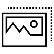 A simple black and white icon of a landscape image with a sun and mountains, overlaid by a dotted line suggesting cropping or editing functions—perfect for promotional vehicles marketing materials.