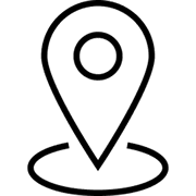 A simple black outline icon of a location pin positioned above a circular base, representing a map marker or location symbol—perfect for highlighting locations in promotional vehicles marketing—on a plain white background.