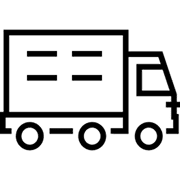 Simple black and white line drawing of a delivery truck, shown from the side with two wheels and a rectangular cargo area—perfect for illustrating promotional vehicles marketing concepts.