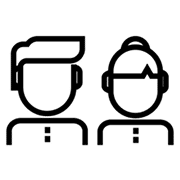 Simple black and white line drawing of two people, one with short hair and one with longer hair tied up, both wearing headsets and shirts with buttons, suggesting customer support or call center staff for promotional vehicles marketing.