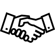 Black and white line drawing of two hands shaking in a handshake, symbolizing agreement, partnership, or cooperation—perfect for illustrating promotional vehicles marketing collaborations.