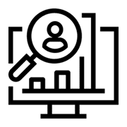 A black and white icon showing a computer monitor with bar charts and a magnifying glass highlighting a person symbol, representing data analysis or user analytics for promotional vehicles marketing.