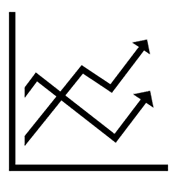 A simple black and white line graph with two jagged lines crossing each other, both ending with upward arrows, illustrating the upward trend of promotional vehicles marketing over time.