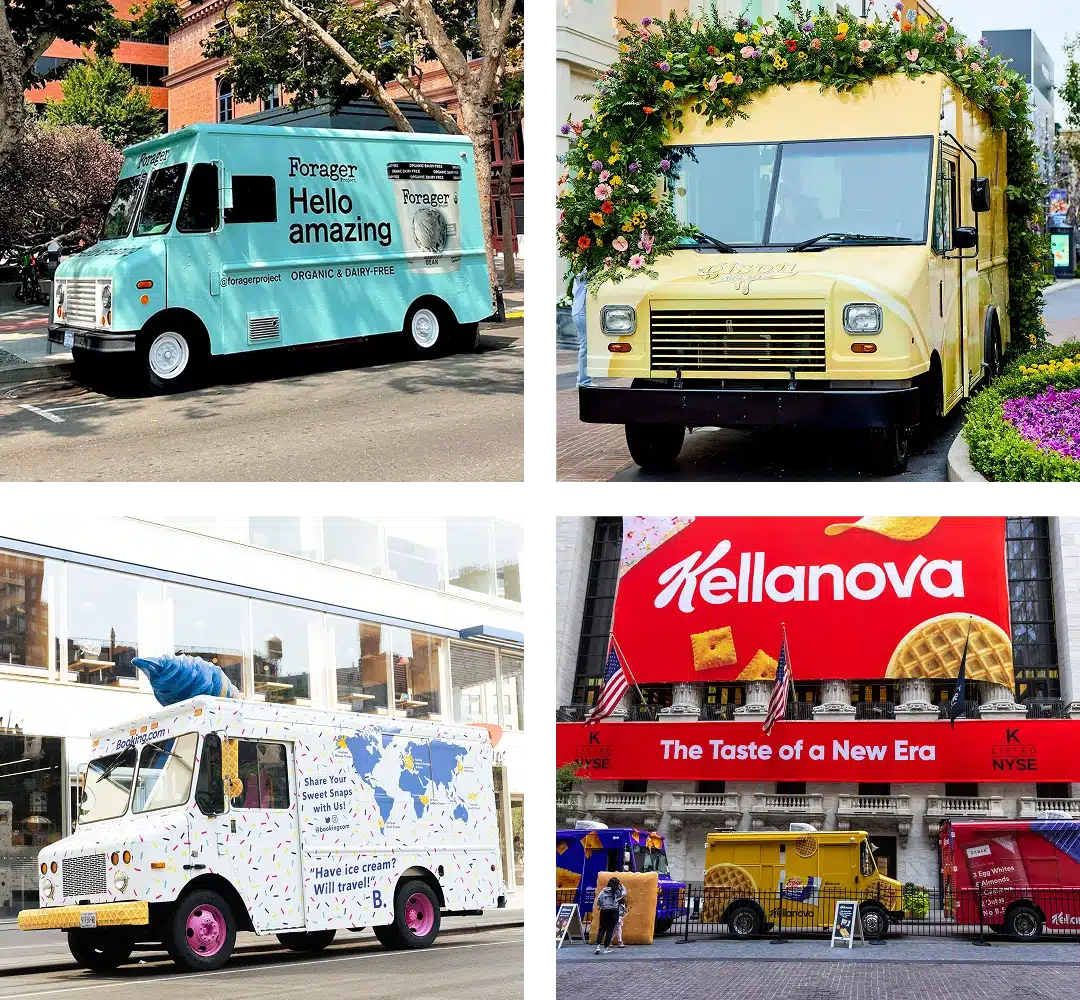 Four colorful promotional vehicles are parked in various locations: a teal truck, a yellow truck decorated with flowers, a white truck with sprinkles and purple wheels, and a red truck with "Kellanova" branding under a large matching billboard for marketing.