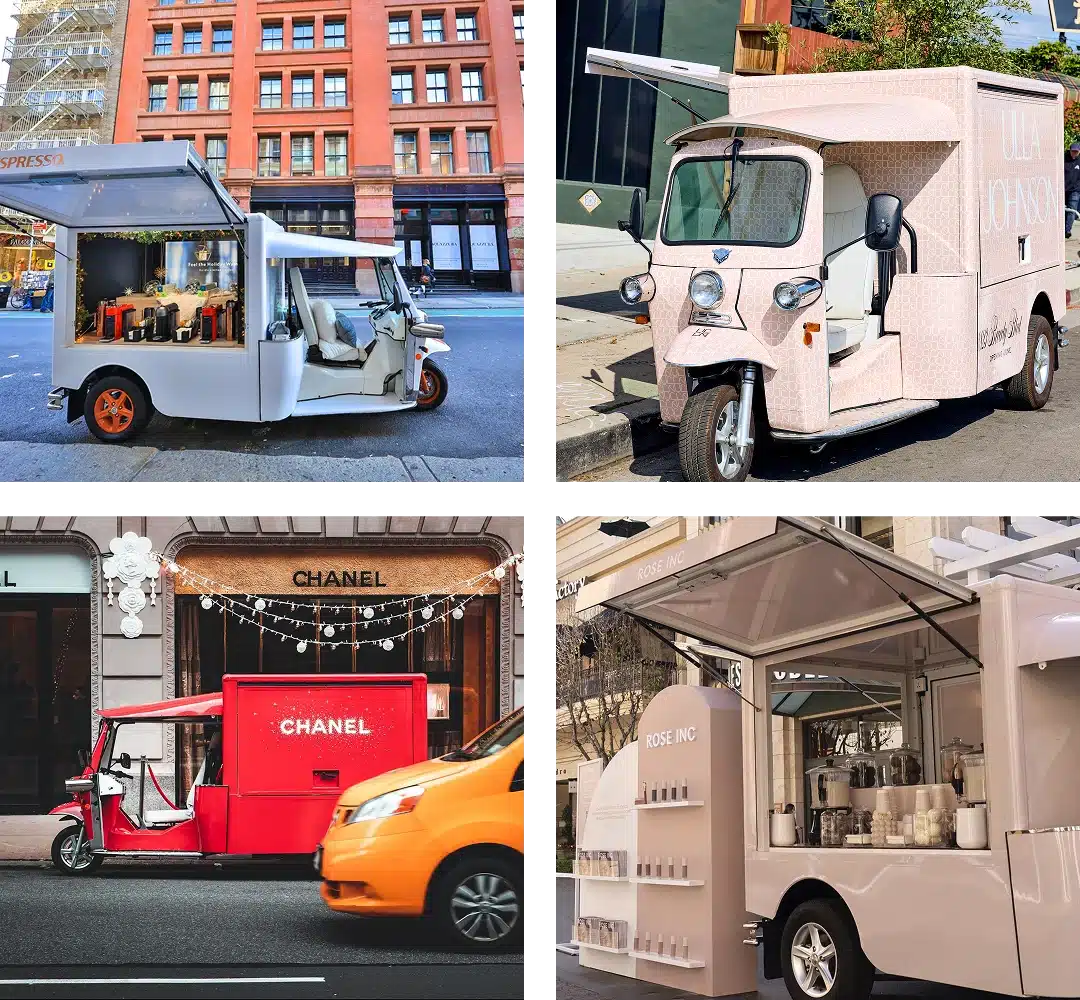 A collage of four stylish food trucks as promotional vehicles in urban areas: two light pink trucks, one with coffee equipment, another with shelves; a red Chanel-branded truck near a yellow car; and a Chanel-themed pink truck with décor.