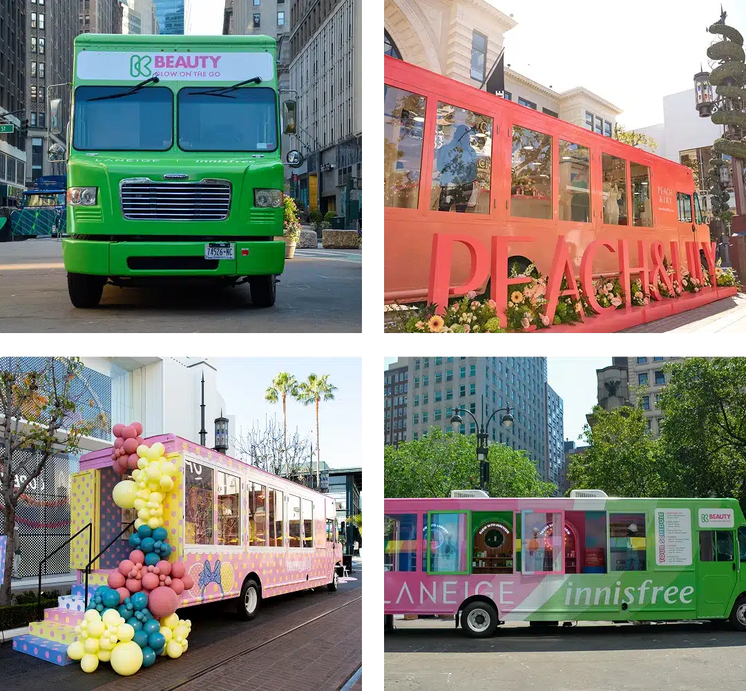 A collage of four colorful promotional vehicles and trucks, each uniquely decorated with bold colors, balloons, floral or brand signage, set in urban outdoor locations—perfect for eye-catching marketing.