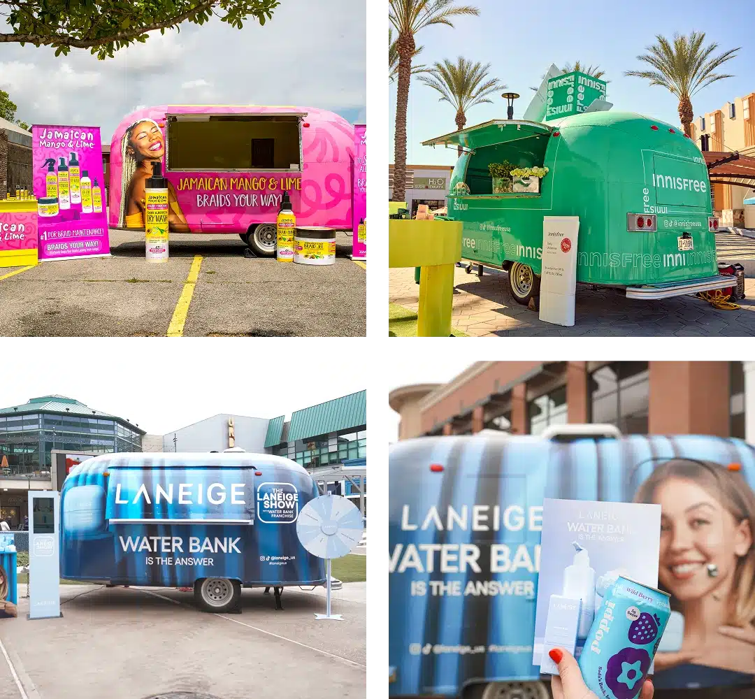 A collage of four colorful promotional vehicles, each pop-up truck marketing beauty or skincare products with bold graphics, banners, and product displays, set outdoors in sunny, urban or park settings.