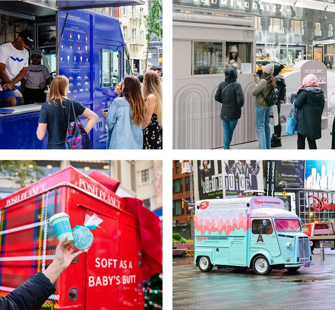 A collage of four images shows people at colorful promotional trucks—blue, white, red, and pink—each serving food or drinks in a busy urban setting with people waiting or enjoying refreshments.