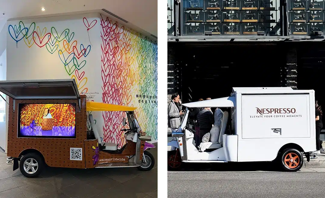 Split image: Left shows a colorful tuk-tuk with a screen and vibrant heart mural. Right features a white Nespresso-branded promotional truck-style tuk-tuk with people beside it, parked on a city street.