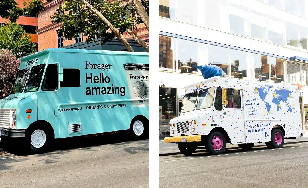 Split image of two colorful promotional trucks: on the left, a turquoise Forager truck with "Hello amazing" written on the side; on the right, a white truck with colorful dots and a giant blue ice cream cone on top.