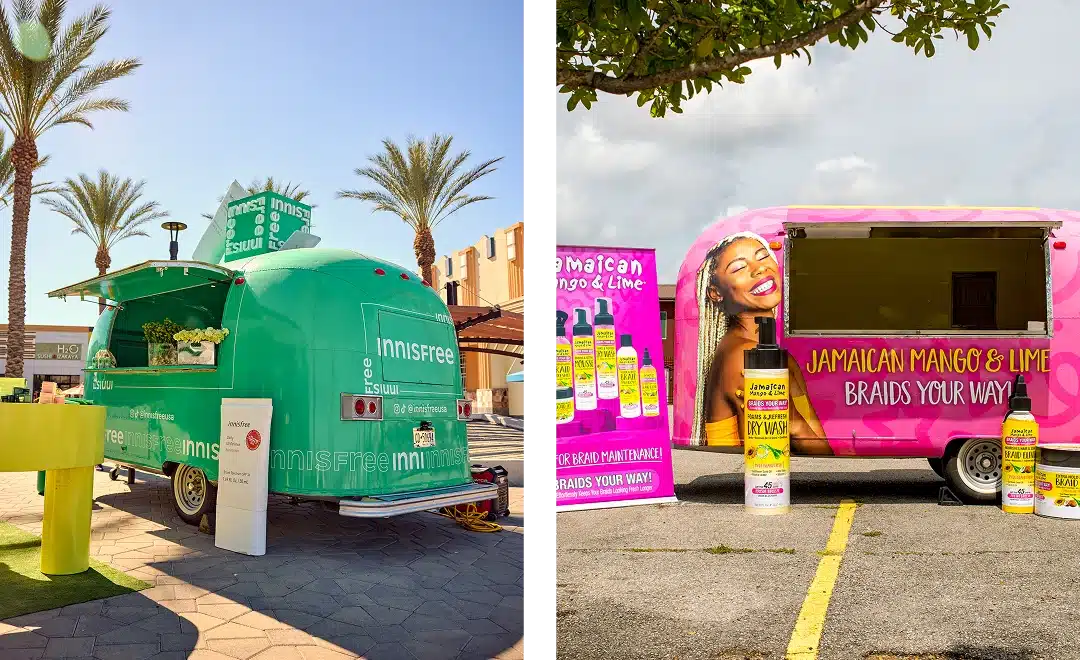 A split image features two promotional trucks: a green Innisfree truck adorned with tropical plants and a serving window, and a vibrant pink Jamaican Mango & Lime truck showcasing a smiling woman alongside hair care product images.