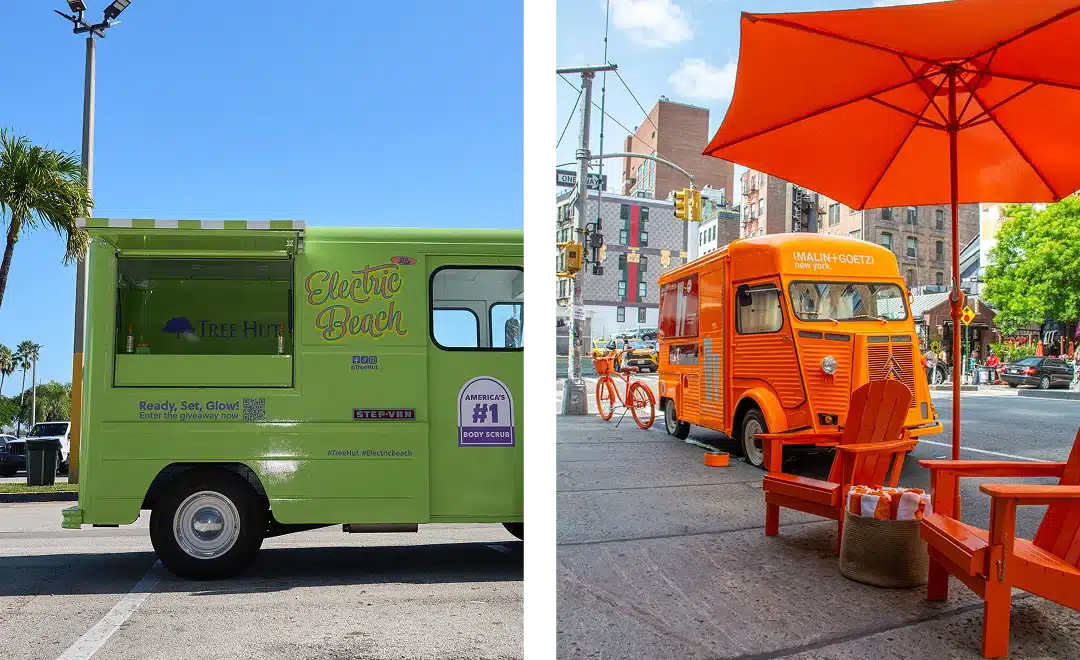 A split image shows a green promotional truck labeled "Electric Beach" parked under a sunny sky, while an orange food truck sits on the right, surrounded by matching chairs, table, bike, and umbrella in a vibrant city setting.