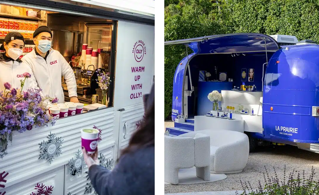 Split image: On the left, two people in white coats and masks serve hot drinks from a decorated promotional truck window. On the right, a sleek blue trailer displays beauty products with modern white seating outside.