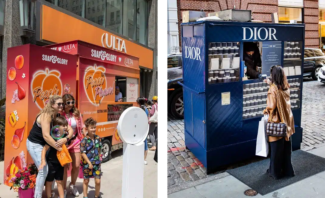Split image: On the left, a family poses in front of an orange Soap & Glory and Ulta promotional truck; on the right, a woman interacts with a navy Dior booth offering free samples in a city setting.