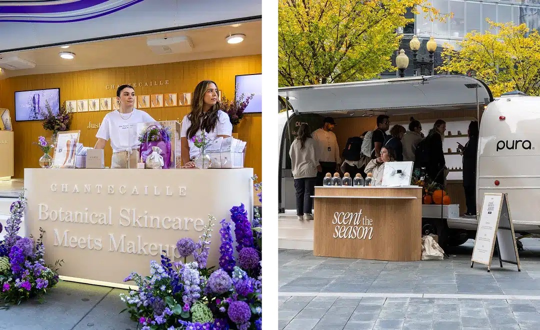 A split image shows two outdoor pop-up booths: on the left, a floral-themed skincare and makeup booth with staff behind the counter; on the right, a mobile fragrance booth set up near promotional trucks with people browsing products.